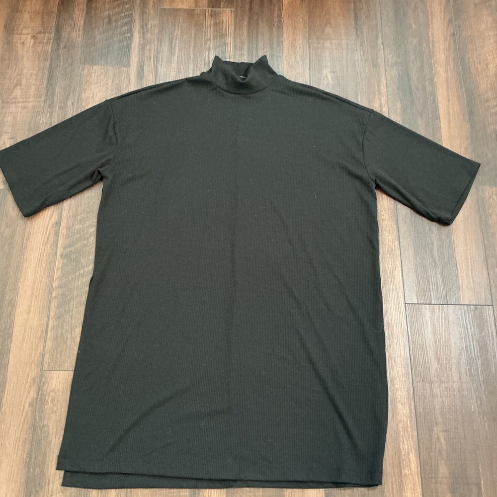 Dressed In Lala Black Ribbed Mock Neck Tunic Top Oversized Short Sleeve Small